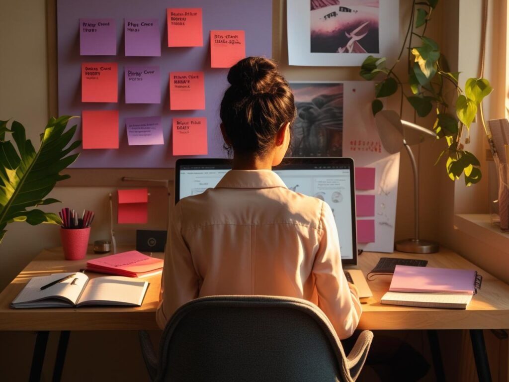 Back view of a young Indian woman working at a cozy, aesthetic home office desk with brand-colored sticky notes, open notebooks, and a laptop, surrounded by plants and warm lighting, radiating focused freelance energy.